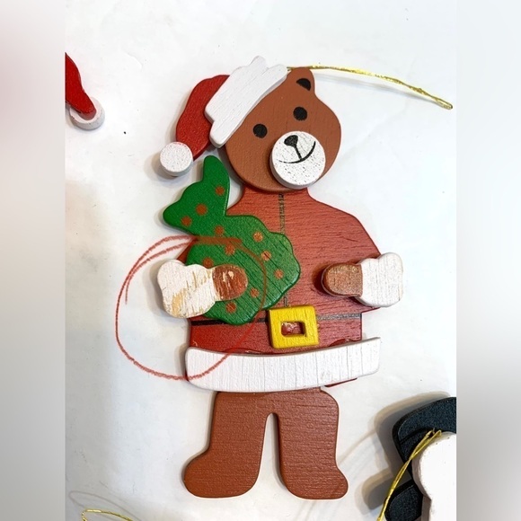 Set of 6 Vintage Wooden Christmas Ornaments Santas, Teddy Bears, Snowmen - Picture 3 of 6